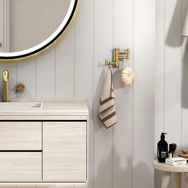 Alt view image 3 of 7 - Towel Hooks, Swivel Bathroom Hook, Brushed Dark Gold, 2 Pack SUS304 Stainless Steel, Folding 3 Arms, Kitchen Hand Towel Dishcloth Holder, Space Saver Fits Narrow Spot, Screws Mounted