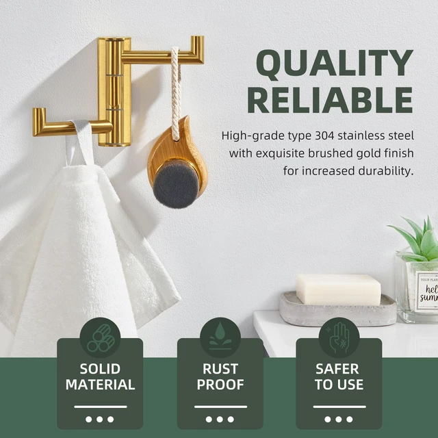 Alt view image 5 of 7 - Swivel Towel Hook for Bathroom, Coat Hook Brushed Dark Gold SUS304 Stainless Steel, 3 Foldable Arms, Space Saving Kitchen Hand Wash Towel Holder, Screws Mounted