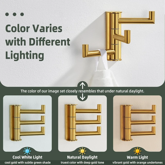 Alt view image 4 of 7 - Swivel Towel Hook for Bathroom, Coat Hook Brushed Dark Gold SUS304 Stainless Steel, 3 Foldable Arms, Space Saving Kitchen Hand Wash Towel Holder, Screws Mounted