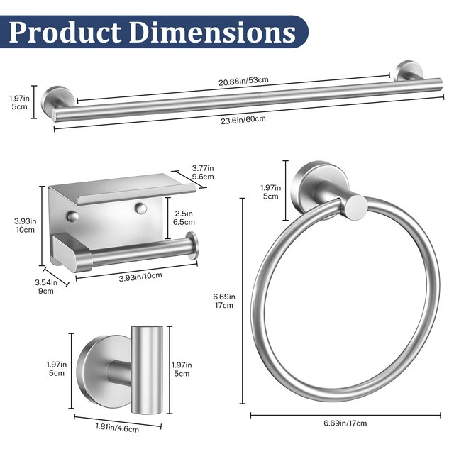 Alt view image 6 of 7 - 5 Pieces Bathroom Hardware Set Brushed Nickel Towel Bar Set Round Towel Holder Set Upgraded Paper Towel Holder with Shelf Stainless Steel Wall Mounted,23.6 Inch