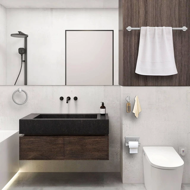 Alt view image 7 of 7 - 5 Pieces Bathroom Hardware Set Brushed Nickel Towel Bar Set Round Towel Holder Set Upgraded Paper Towel Holder with Shelf Stainless Steel Wall Mounted,23.6 Inch
