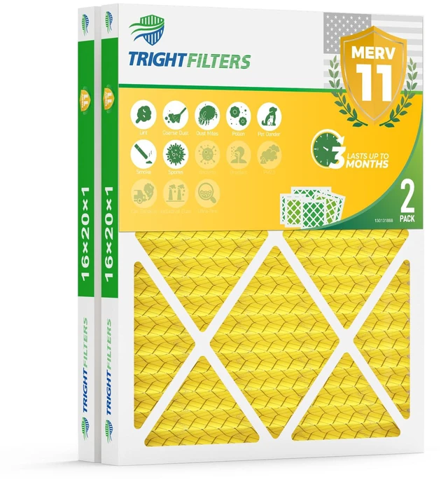 Main image of 16x20x1 Air Filter MERV 11 HVAC Furnace Filter Pleated 2 Pack Electrostatic Pleated, 3-Month HVAC AC Furnace Filters Replacement, MPR 1000-1200 & FPR 7, Actual Size: 15.67 x 19.69 x 0.79