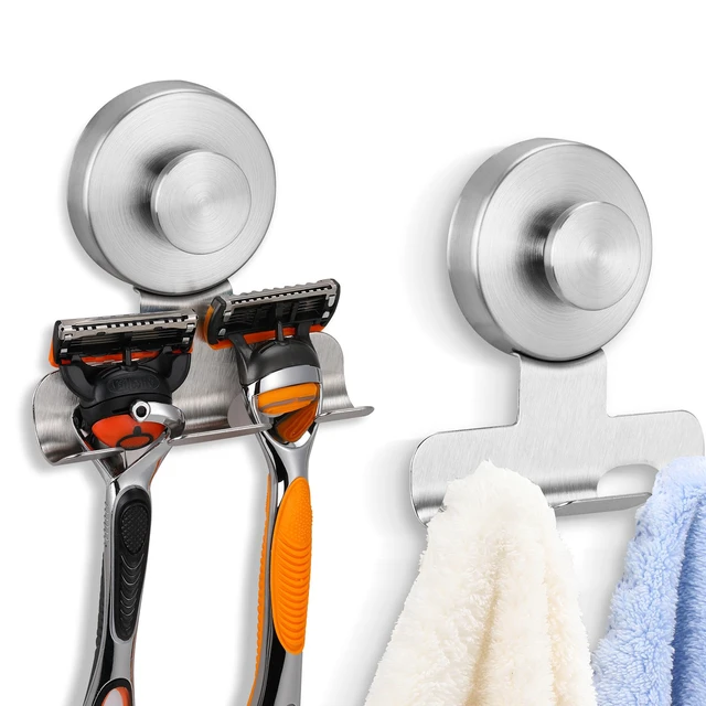 Main image of Suction Cup Razor and Shaver Holder for Shower Wall, Stainless Steel Reusable Suction Hook for Towel and Loofah, Damage-Free Installation (2, Brushed Nickel)
