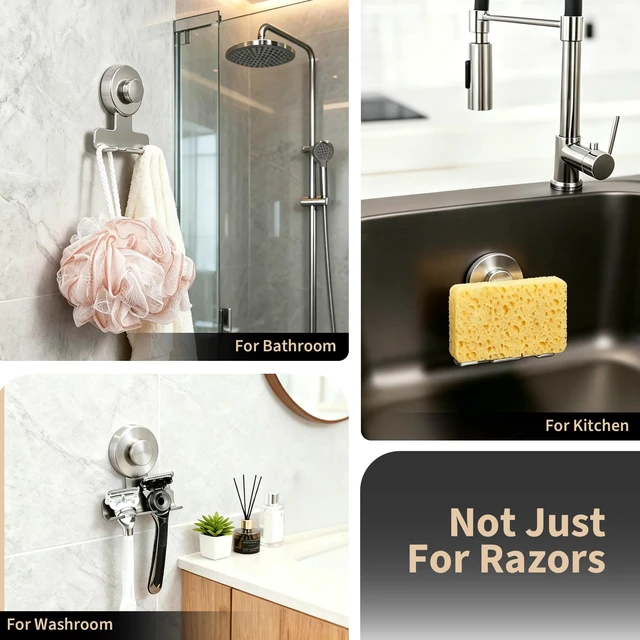 Alt view image 3 of 6 - Suction Cup Razor and Shaver Holder for Shower Wall, Stainless Steel Reusable Suction Hook for Towel and Loofah, Damage-Free Installation (2, Brushed Nickel)