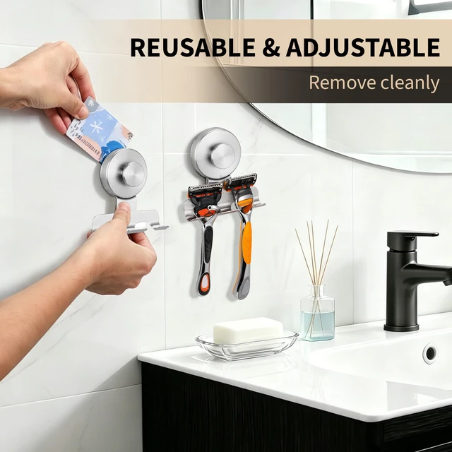 Alt view image 4 of 6 - Suction Cup Razor and Shaver Holder for Shower Wall, Stainless Steel Reusable Suction Hook for Towel and Loofah, Damage-Free Installation (2, Brushed Nickel)