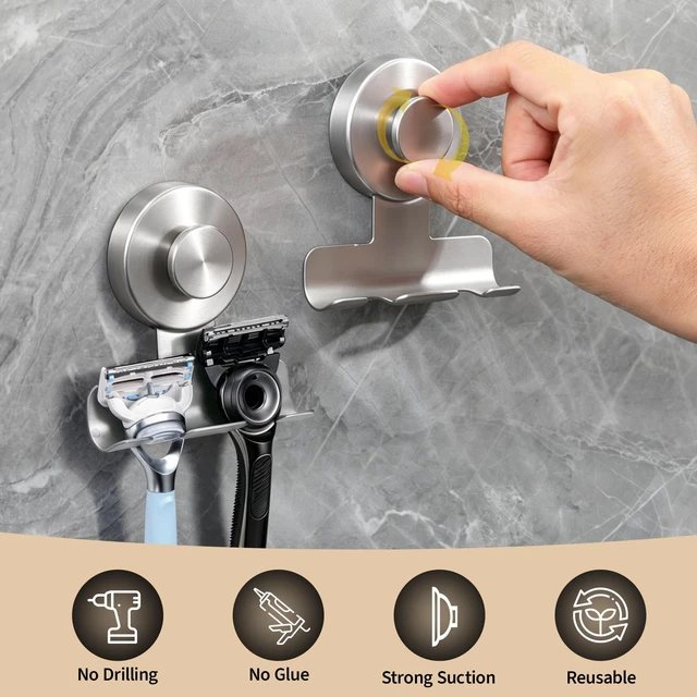 Alt view image 5 of 6 - Suction Cup Razor and Shaver Holder for Shower Wall, Stainless Steel Reusable Suction Hook for Towel and Loofah, Damage-Free Installation (2, Brushed Nickel)