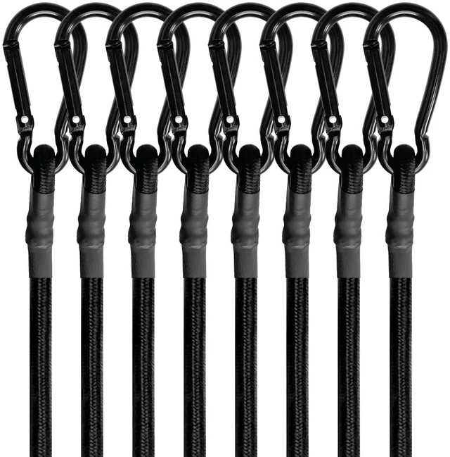Main image of 8 Pcs 24in Bungee Cords with Carabiner Hooks Heavy Duty, Outdoor Black Bungee Straps, Strong Industrial Grade Elastic Bungee Rope for Securing Tarps, Luggage, TentsBikes or Garden Tidying