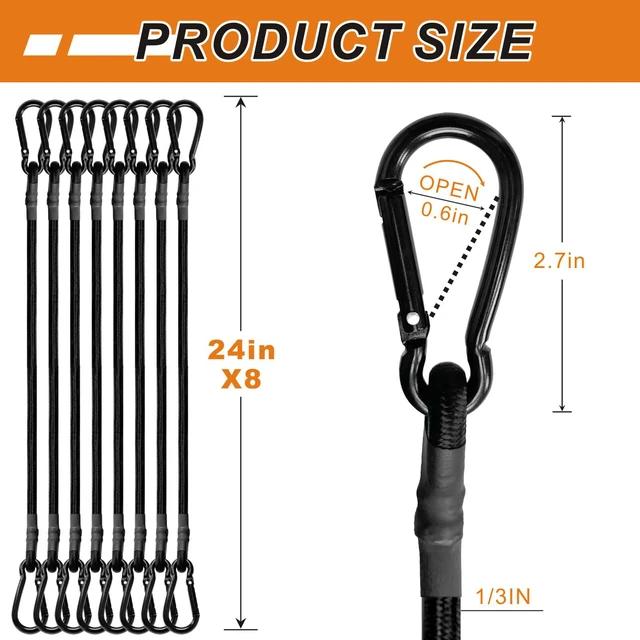 Alt view image 5 of 6 - 8 Pcs 24in Bungee Cords with Carabiner Hooks Heavy Duty, Outdoor Black Bungee Straps, Strong Industrial Grade Elastic Bungee Rope for Securing Tarps, Luggage, TentsBikes or Garden Tidying
