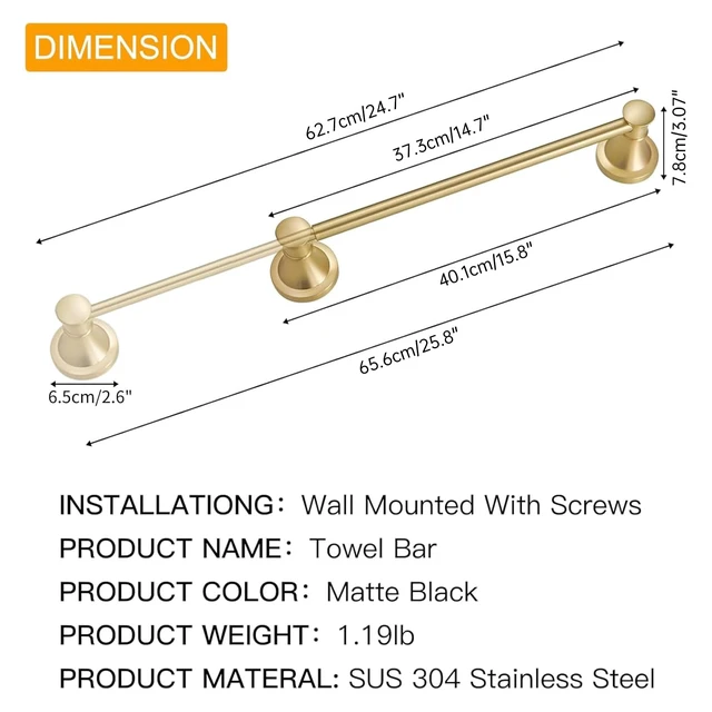 Alt view image 5 of 6 - Towel Racks for Bathroom Wall Mounted Bath Towel Bar Brushed Gold Adjustable 16-26 In, Wall Mounted Towel Holder, Stainless Steel, Rustproof, Towel Bar Rod Hanger Hardware Accessories Hotel