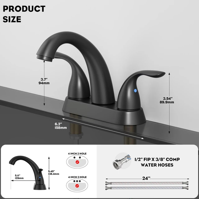 Alt view image 4 of 7 - 4 Inch 2 or 3 Holes 2 Handles Centerset Matte Black Lead-Free Bathroom Sink Faucet, Bathroom Faucet with Copper Pop Up Drain and Water Supply Lines, BF008-5-MB