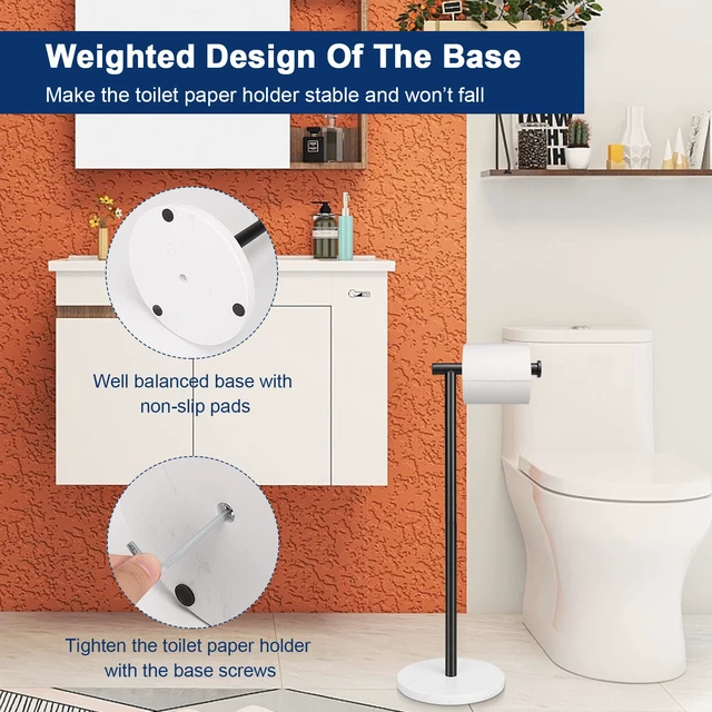 Alt view image 5 of 7 - Bath Toilet Paper Holder Stand- Modern Tissue Roll Holder Standing with Balanced Base, Rustproof Toilet Roll Holder for Bathroom/Kitchen Countertop (Matte Black, Marble Base)
