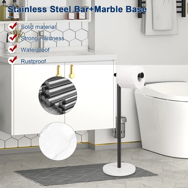 Alt view image 6 of 7 - Bath Toilet Paper Holder Stand- Modern Tissue Roll Holder Standing with Balanced Base, Rustproof Toilet Roll Holder for Bathroom/Kitchen Countertop (Matte Black, Marble Base)