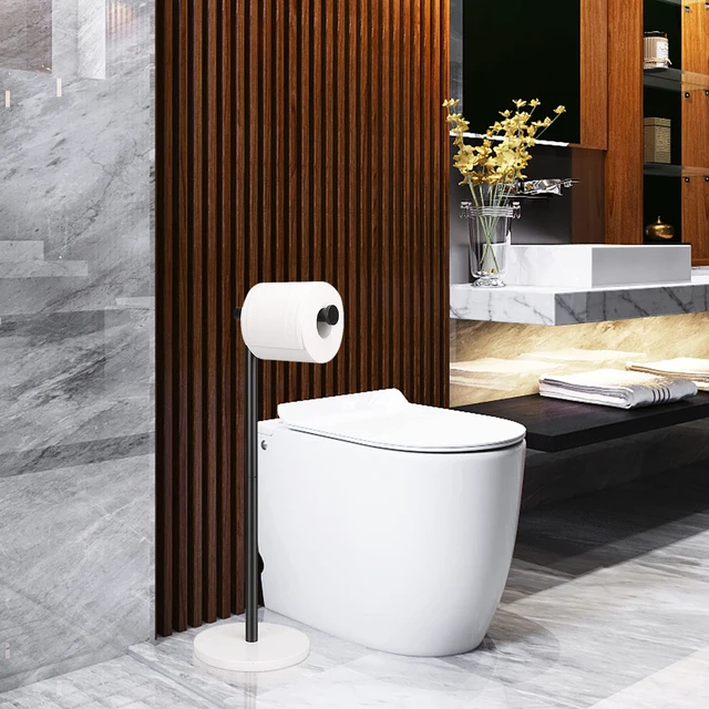 Alt view image 7 of 7 - Bath Toilet Paper Holder Stand- Modern Tissue Roll Holder Standing with Balanced Base, Rustproof Toilet Roll Holder for Bathroom/Kitchen Countertop (Matte Black, Marble Base)