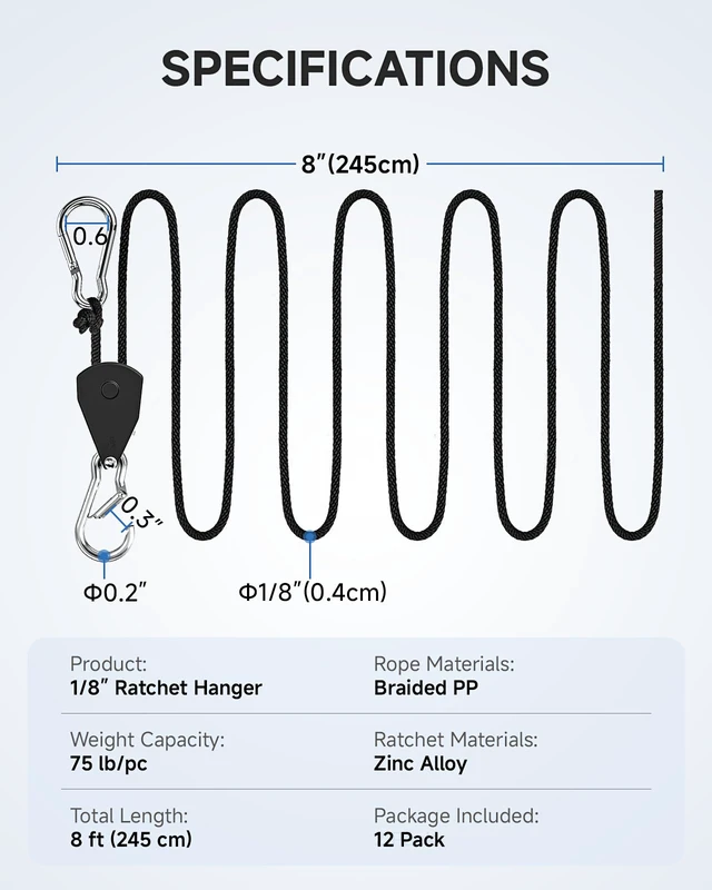 Alt view image 7 of 7 - Rope Tie Downs Small Ratchet Straps, Adjustable Grow Light Hangers 12-Pack of 1/8" 8FT 75LB Load Capacity, Smooth Ratcheting Quick Release, Rust-Resistant for Hanging & Various Tie-Down Uses