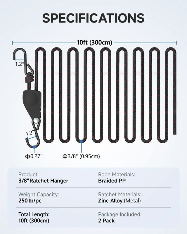 Alt view image 2 of 2 - Rope Tie Downs Small Ratchet Straps, Adjustable Grow Light Hangers 2-Pack of 3/8" 10FT 250LB Load Capacity, Smooth Ratcheting Quick Release, Rust-Resistant for Hanging & Various Tie-Down Uses