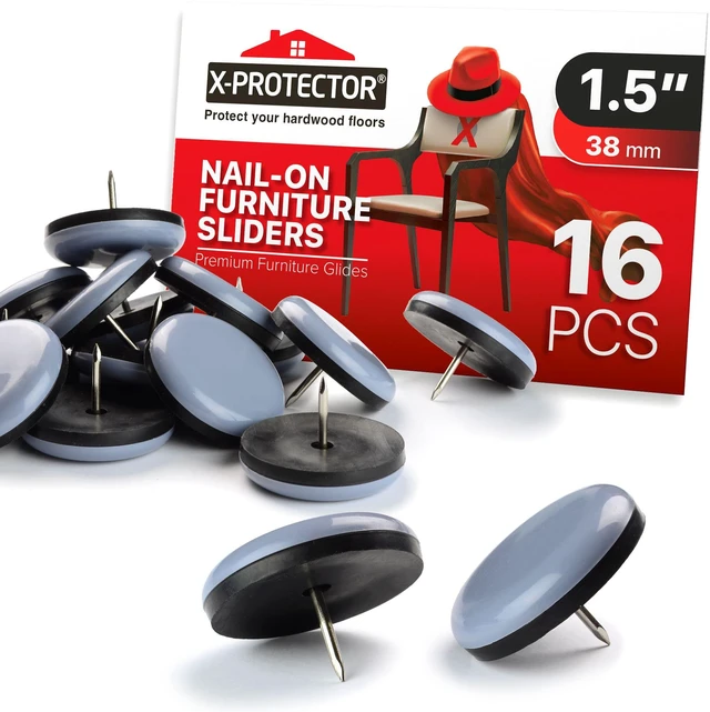 Main image of Chair Glides 1.5" Furniture Glides 16 pcs Best Nail on Furniture Sliders Premium Chair Leg Floor Protectors Slide Effortlessly with Chair Leg Pads that Protects Your Floor!