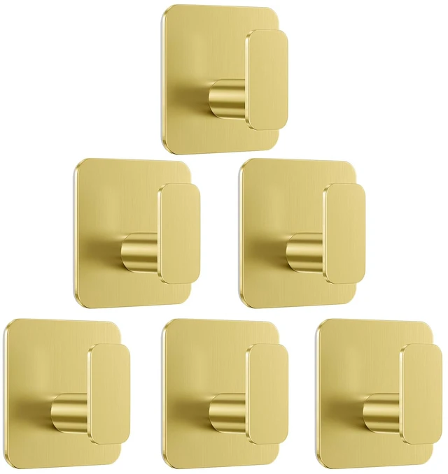 Main image of Gold Hooks for Hanging Heavy Duty, Adhesive Hooks for Shower, Bathroom, Kitchen, Robe, Towel, Coat, Waterproof & Rustproof Hook for Walls No Damage, Stainless Steel Sticky Hook - 6 Pack
