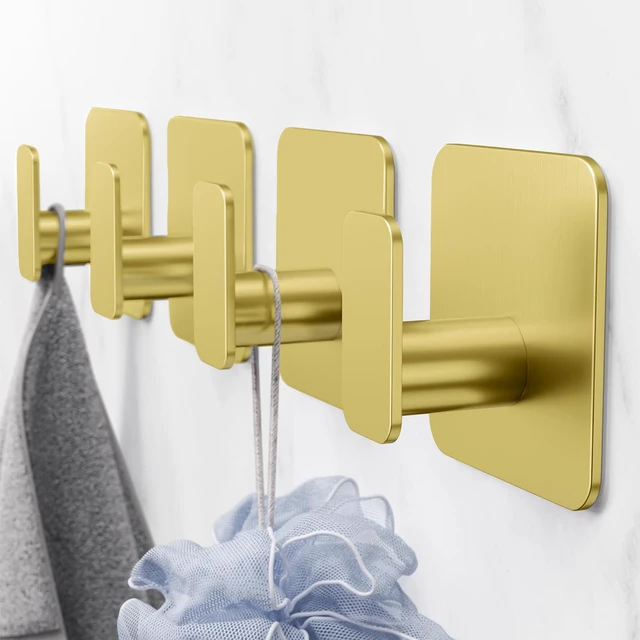 Alt view image 2 of 7 - Gold Hooks for Hanging Heavy Duty, Adhesive Hooks for Shower, Bathroom, Kitchen, Robe, Towel, Coat, Waterproof & Rustproof Hook for Walls No Damage, Stainless Steel Sticky Hook - 6 Pack
