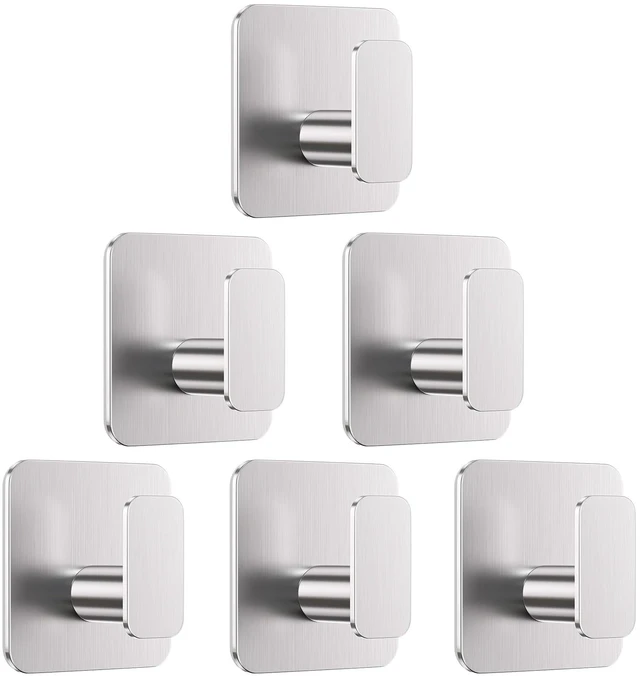 Main image of Silver Hooks for Hanging Heavy Duty, Adhesive Hooks for Shower, Bathroom, Kitchen, Robe, Towel, Coat, Waterproof & Rustproof Hook for Walls No Damage, Sticky Wall Towel Hooks - 6 Pack
