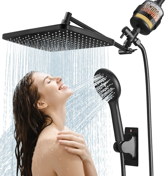 Main image of Shower Head with Handheld,High Pressure Black Filtered Shower Head Rainfall Shower Head,11.8" Rectangular,Rain Shower Head,Dual Shower Head,Bathroom Decor,Metal Extension Arm,5 Spray Mode