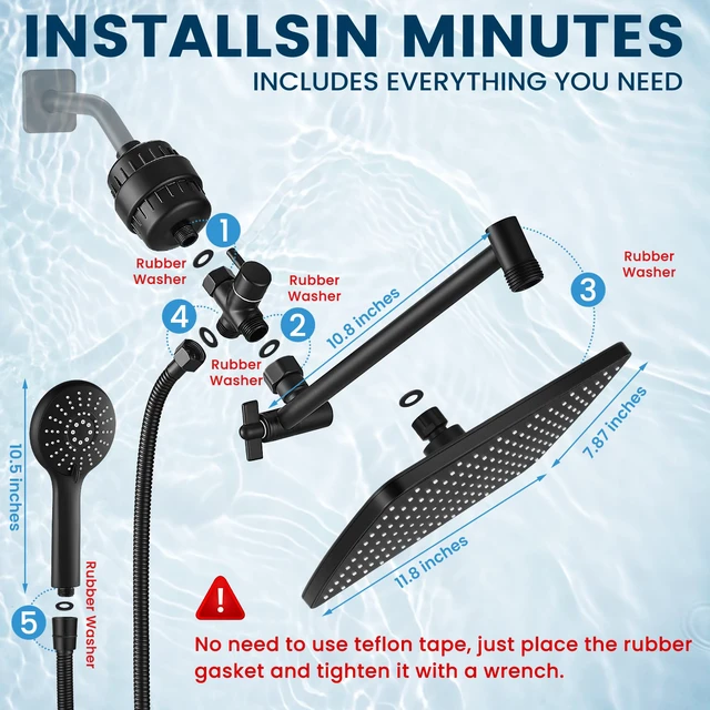 Alt view image 2 of 7 - Shower Head with Handheld,High Pressure Black Filtered Shower Head Rainfall Shower Head,11.8" Rectangular,Rain Shower Head,Dual Shower Head,Bathroom Decor,Metal Extension Arm,5 Spray Mode