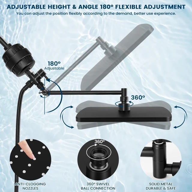Alt view image 7 of 7 - Shower Head with Handheld,High Pressure Black Filtered Shower Head Rainfall Shower Head,11.8" Rectangular,Rain Shower Head,Dual Shower Head,Bathroom Decor,Metal Extension Arm,5 Spray Mode