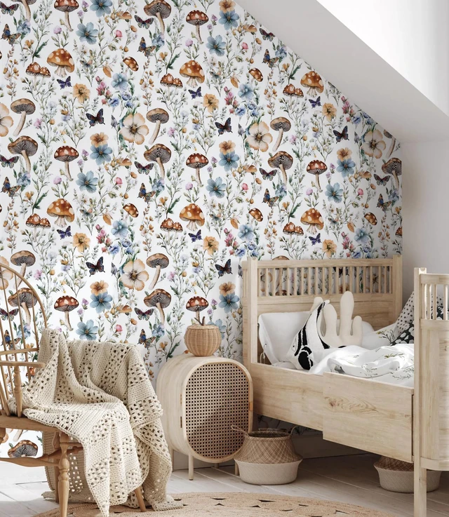 Alt view image 2 of 7 - Mushroom Wallpaper Peel and Stick Boho Contact Paper 16.9" x 373.7" Vintage Floral Self Adhesive Wallpaper Mushroom Removable Waterproof Contact Paper Peel and Stick for Cabinet Bathroom Vinyl