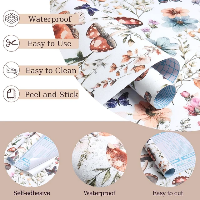 Alt view image 4 of 7 - Mushroom Wallpaper Peel and Stick Boho Contact Paper 16.9" x 373.7" Vintage Floral Self Adhesive Wallpaper Mushroom Removable Waterproof Contact Paper Peel and Stick for Cabinet Bathroom Vinyl