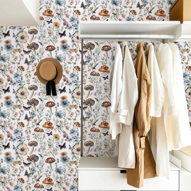 Alt view image 3 of 7 - Mushroom Wallpaper Peel and Stick Boho Contact Paper 16.9" x 373.7" Vintage Floral Self Adhesive Wallpaper Mushroom Removable Waterproof Contact Paper Peel and Stick for Cabinet Bathroom Vinyl