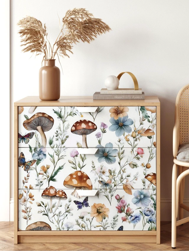 Alt view image 5 of 7 - Mushroom Wallpaper Peel and Stick Boho Contact Paper 16.9" x 373.7" Vintage Floral Self Adhesive Wallpaper Mushroom Removable Waterproof Contact Paper Peel and Stick for Cabinet Bathroom Vinyl