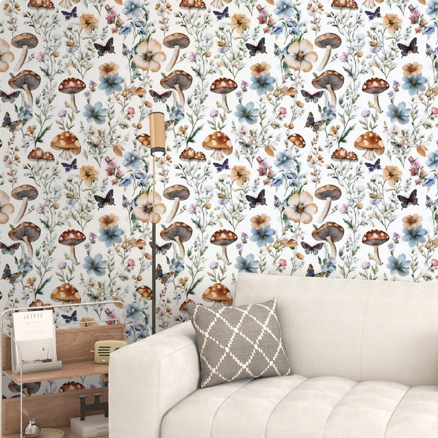 Alt view image 6 of 7 - Mushroom Wallpaper Peel and Stick Boho Contact Paper 16.9" x 373.7" Vintage Floral Self Adhesive Wallpaper Mushroom Removable Waterproof Contact Paper Peel and Stick for Cabinet Bathroom Vinyl