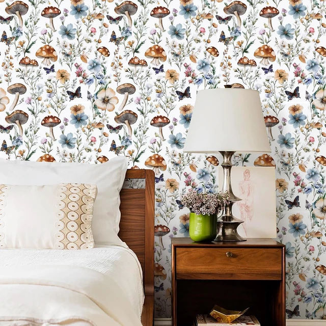 Alt view image 7 of 7 - Mushroom Wallpaper Peel and Stick Boho Contact Paper 16.9" x 373.7" Vintage Floral Self Adhesive Wallpaper Mushroom Removable Waterproof Contact Paper Peel and Stick for Cabinet Bathroom Vinyl