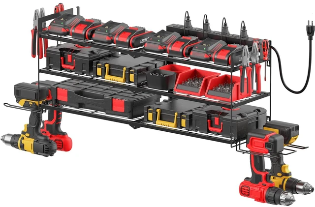 Main image of Large Garage Tools Storage with Charging Station. Power Tool Battery Organizer Utility Shelf with Power Strip. 4 Drills Holder Wall Mount Rack, Black 3 Layer