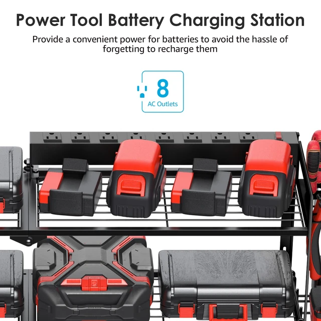 Alt view image 2 of 7 - Large Garage Tools Storage with Charging Station. Power Tool Battery Organizer Utility Shelf with Power Strip. 4 Drills Holder Wall Mount Rack, Black 3 Layer