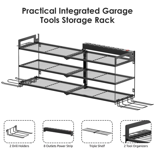 Alt view image 4 of 7 - Large Garage Tools Storage with Charging Station. Power Tool Battery Organizer Utility Shelf with Power Strip. 4 Drills Holder Wall Mount Rack, Black 3 Layer