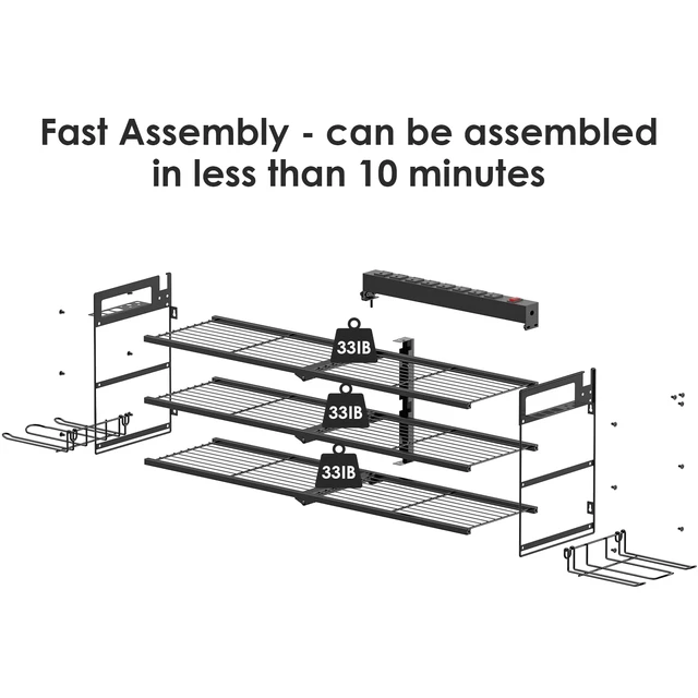 Alt view image 5 of 7 - Large Garage Tools Storage with Charging Station. Power Tool Battery Organizer Utility Shelf with Power Strip. 4 Drills Holder Wall Mount Rack, Black 3 Layer