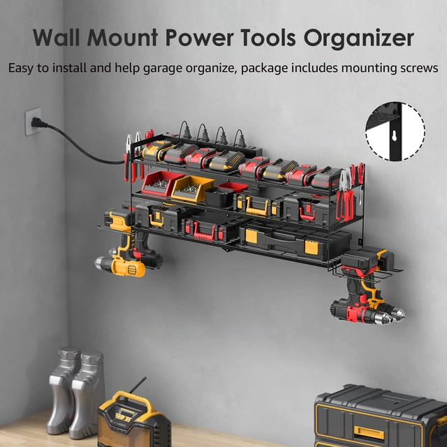 Alt view image 3 of 7 - Large Garage Tools Storage with Charging Station. Power Tool Battery Organizer Utility Shelf with Power Strip. 4 Drills Holder Wall Mount Rack, Black 3 Layer