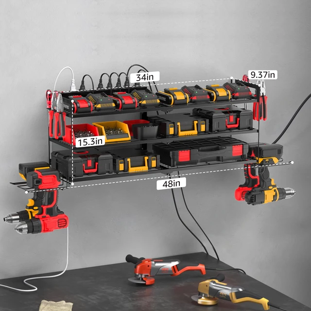 Alt view image 6 of 7 - Large Garage Tools Storage with Charging Station. Power Tool Battery Organizer Utility Shelf with Power Strip. 4 Drills Holder Wall Mount Rack, Black 3 Layer