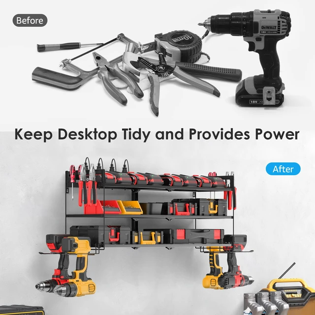 Alt view image 7 of 7 - Large Garage Tools Storage with Charging Station. Power Tool Battery Organizer Utility Shelf with Power Strip. 4 Drills Holder Wall Mount Rack, Black 3 Layer