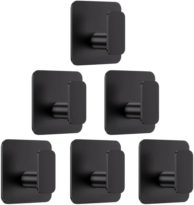 Main image of Black Hooks for Hanging Heavy Duty, Adhesive Hooks for Shower, Bathroom, Kitchen, Robe, Towel, Coat, Waterproof & Rustproof Hook for Walls No Damage, Sticky Wall Towel Hooks - 6 Pack