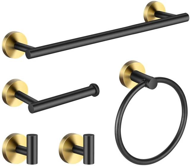 Main image of 5 Pieces Bathroom Hardware Set Black Gold, Towel Rack Including 2pcs 16 inch Tower Bar, Towel Ring and 2 PCS Towel Hooks