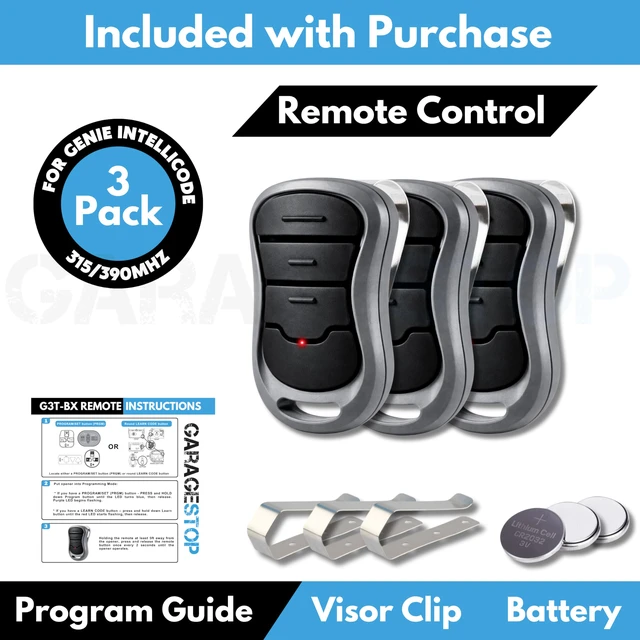 Alt view image 2 of 2 - 3X Door Opener Remote for Genie Intellicode G3T-R/G3T-BX 3-Button replacement for G3T-A, G1T-BX, GITR-3, OCDTR-3, Auto-Seek Dual Frequency 315/390 MHz, Visor Clips Batteries Included