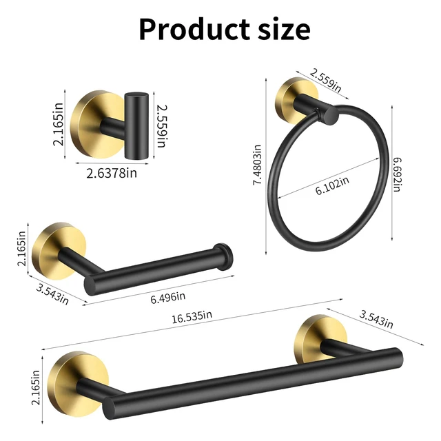 Alt view image 2 of 7 - 5 Pieces Bathroom Hardware Set Black Gold, Towel Rack Including 2pcs 16 inch Tower Bar, Towel Ring and 2 PCS Towel Hooks