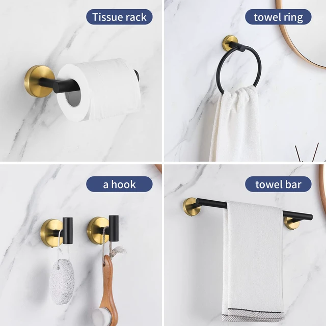 Alt view image 4 of 7 - 5 Pieces Bathroom Hardware Set Black Gold, Towel Rack Including 2pcs 16 inch Tower Bar, Towel Ring and 2 PCS Towel Hooks