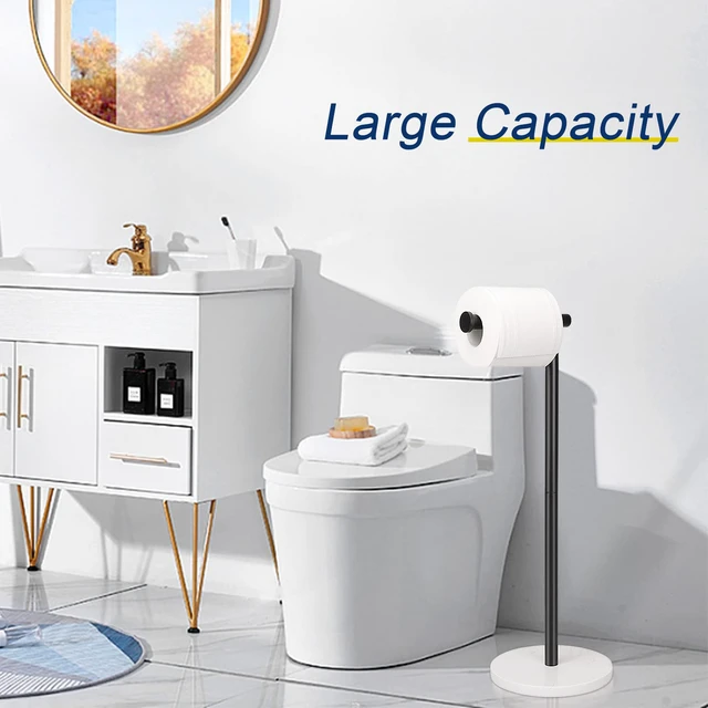 Alt view image 3 of 7 - Bath Toilet Paper Holder Stand- Modern Tissue Roll Holder Standing with Balanced Base, Rustproof Toilet Roll Holder for Bathroom/Kitchen Countertop (Matte Black, Marble Base)