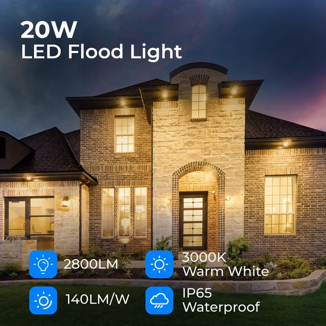 Alt view image 2 of 7 - 20W 2800LM LED Flood Lights Outdoor, 3000K, UL Listed, 2 Pack IP65 Waterproof Exterior Security Wall Lighting with 180°Knuckle, 120V Outside Aluminum Fixture for Yard Patio Garage Doorway