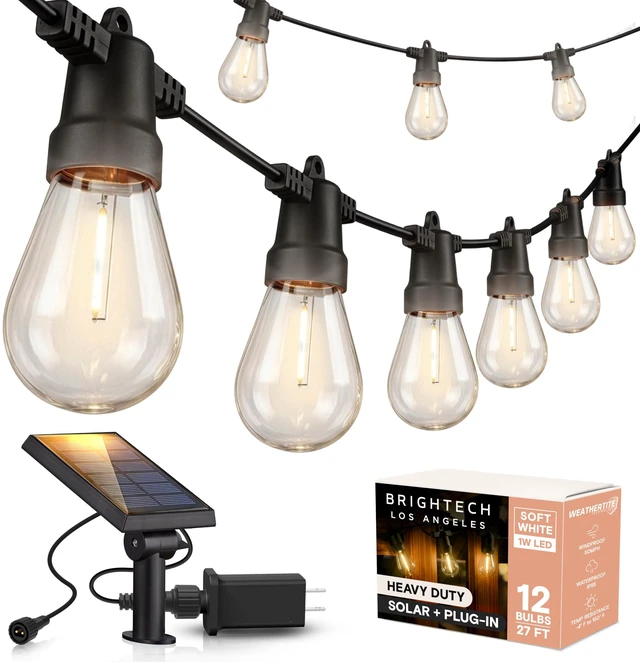 Main image of Ambience Hybrid Outdoor String Lights - Dual Plug and Solar Powered Waterproof LED Light String for Outside - 27 Ft, Soft White Edison Bulbs, for Camping, Patio, Cafe, Yard, Porch