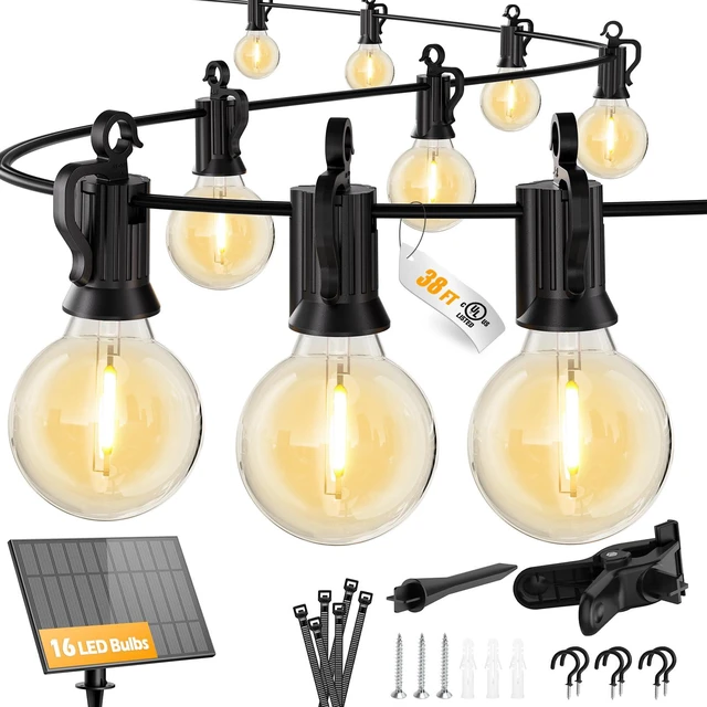 Main image of 38FT 16 LED Solar String Lights Outdoor, 20h+ Runtime, USB Port Shatterproof Bulbs, Auto On-Off, Patio Lights Solar Powered with a Mount Clips for Camping Backyard Garden Decor