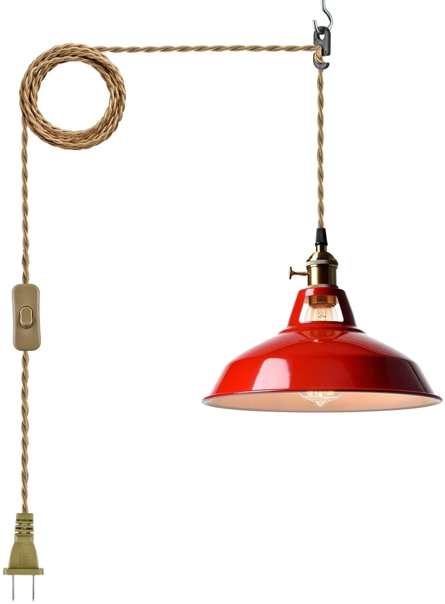 Main image of Plug-in Pendant Light Vintage Red Barn Shade-10.06" W with Switch Flexible Hanging Light, Adjutable 216.5"L Cord with On-Off Switch Swag Lamp for Kitchen Bar Dining Foyer Cafe Bedroom