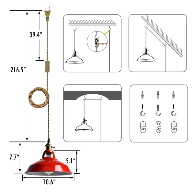 Alt view image 2 of 7 - Plug-in Pendant Light Vintage Red Barn Shade-10.06" W with Switch Flexible Hanging Light, Adjutable 216.5"L Cord with On-Off Switch Swag Lamp for Kitchen Bar Dining Foyer Cafe Bedroom